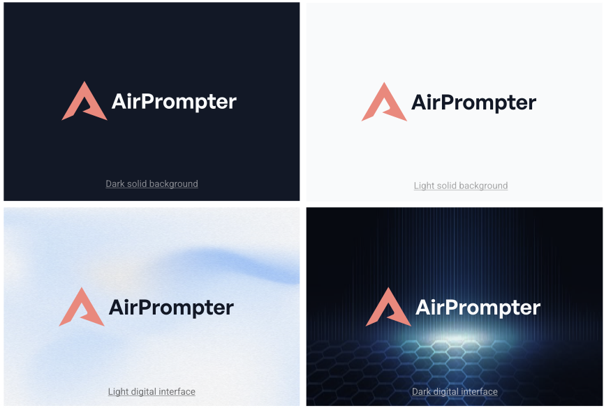 Correct AirPrompter logo use examples on dark solid, light solid, light digital interface, and dark digital interface backgrounds.
