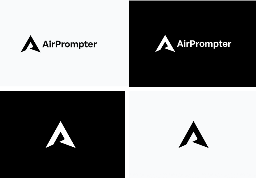 Monochromatic AirPrompter logo examples in black on light, white on black, white mark on black, and black mark on light.