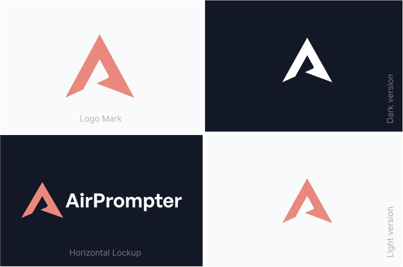 Primary AirPrompter logo examples showing the coral logo mark, white mark on deep navy, horizontal lockup, and light version.