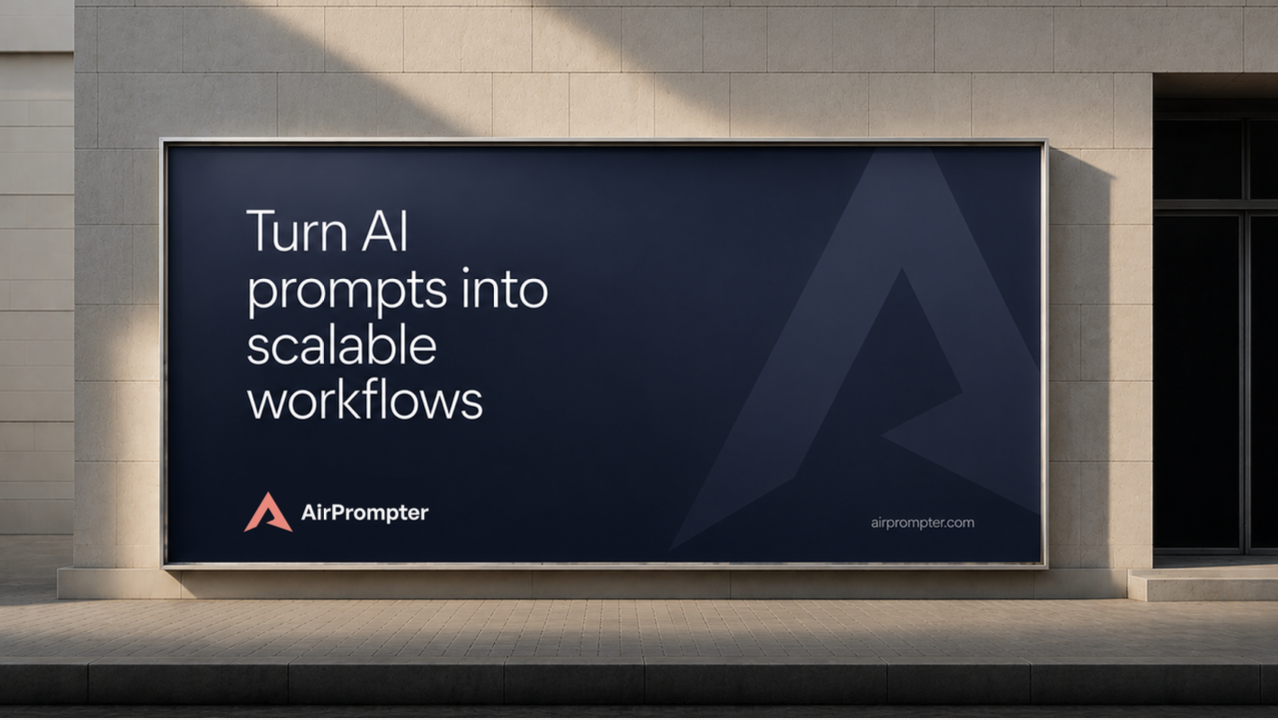 Billboard application showing AirPrompter branding and the message Turn AI prompts into scalable workflows.
