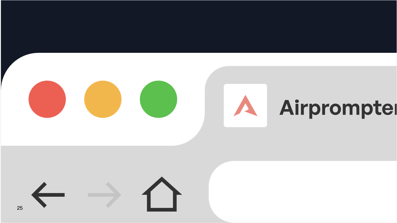 Browser application mockup showing AirPrompter branding in a web browser interface.