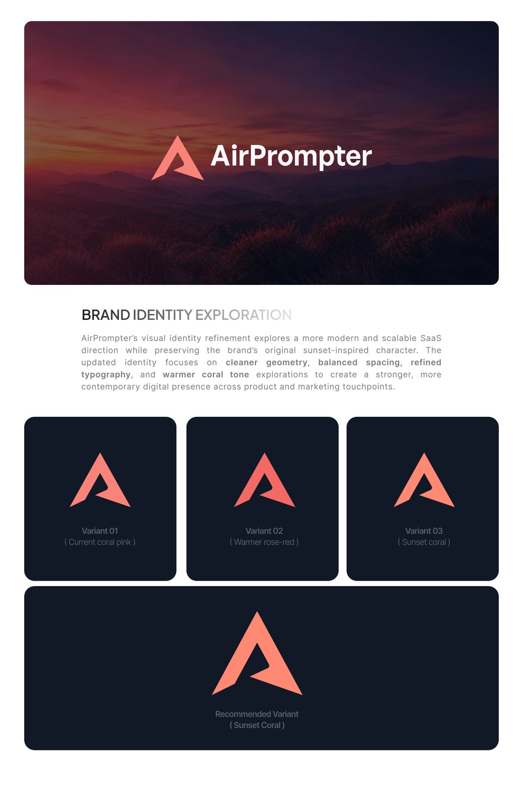 Updated AirPrompter identity exploration showing the approved logo lockup over a sunset landscape and the recommended sunset coral mark variant.