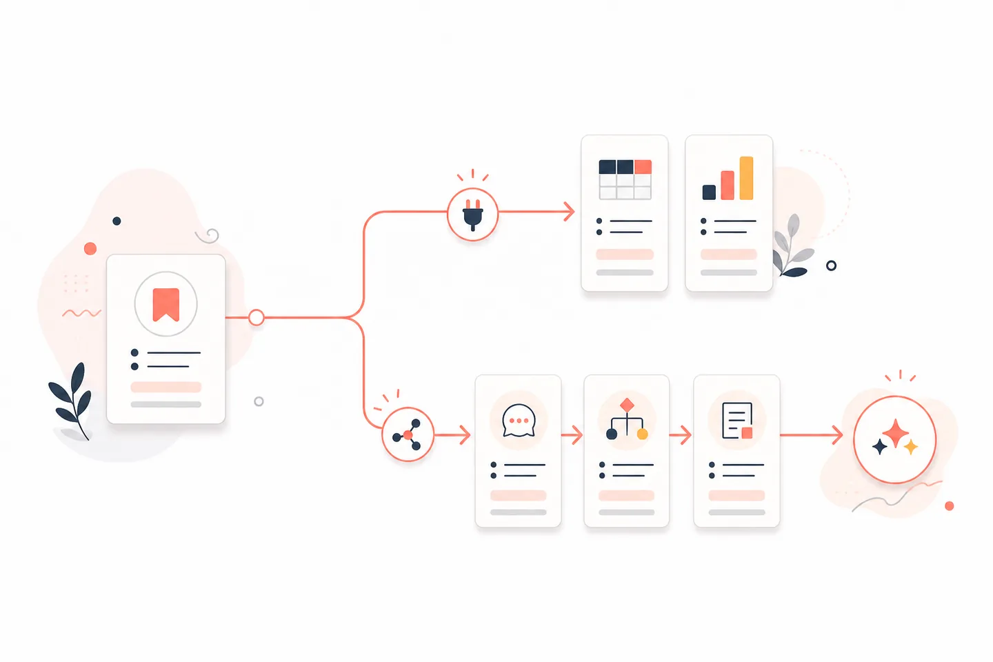 One saved-system source branching into a short two-card API path and a longer prompt-and-workflow connection path
