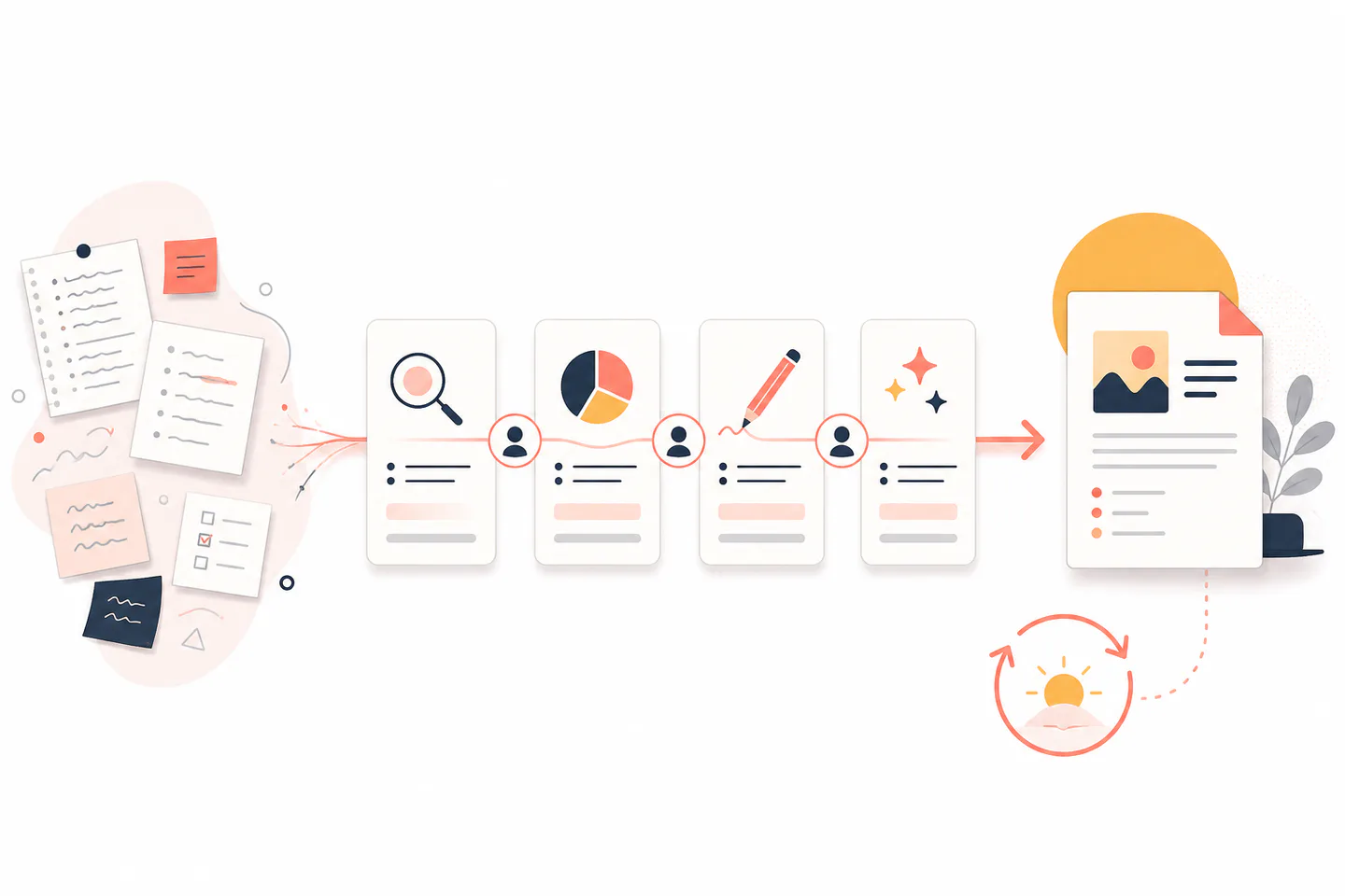 Scattered notes becoming four focused workflow steps, a reviewed deliverable, and a repeatable work cycle