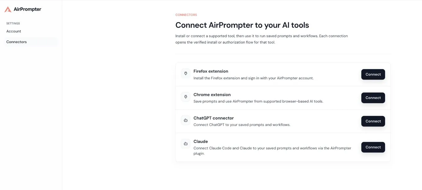AirPrompter Connect page listing Firefox, Chrome, ChatGPT, and Claude connection options