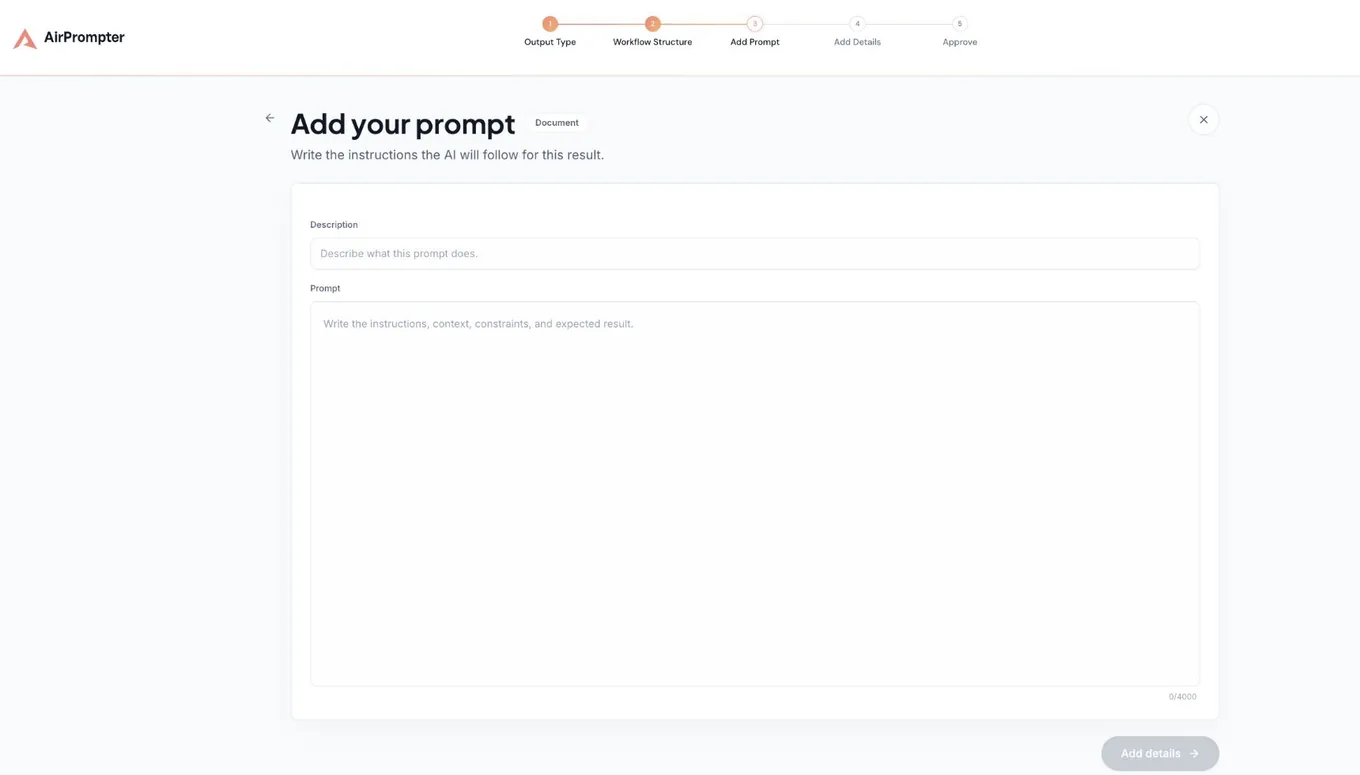 AirPrompter prompt editor with empty Description and Prompt fields