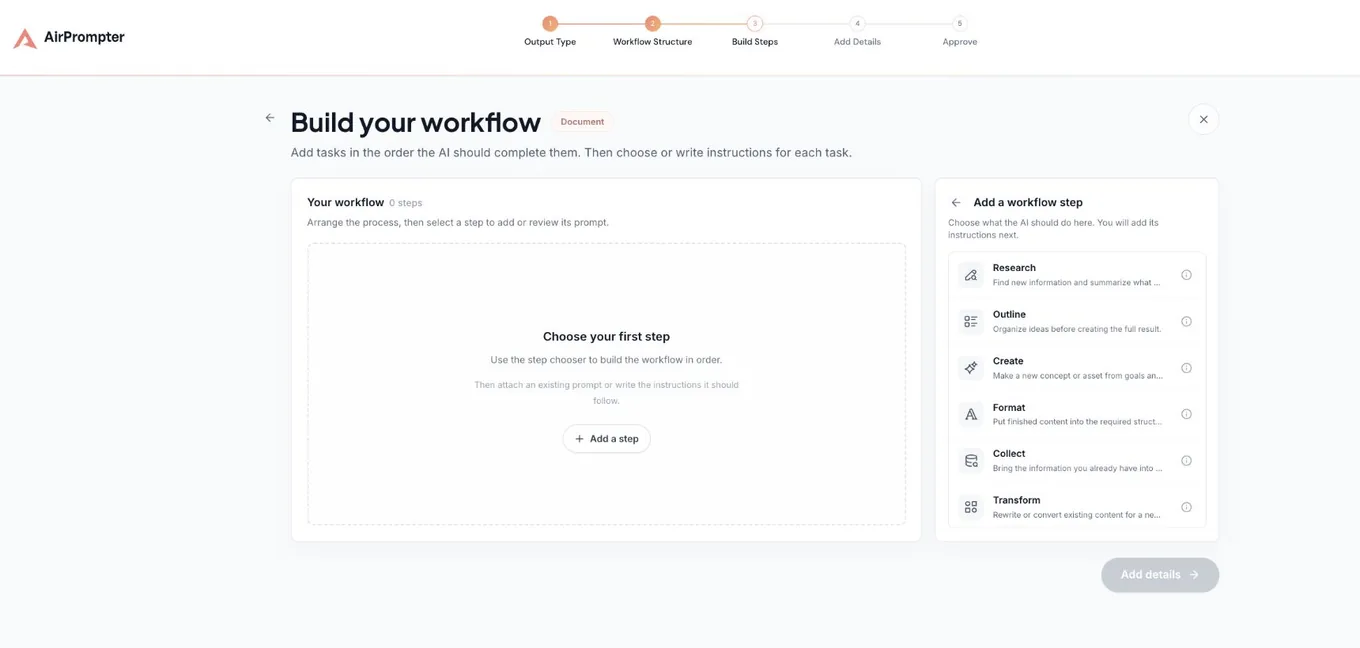 AirPrompter workflow builder with an empty sequence and a workflow step chooser