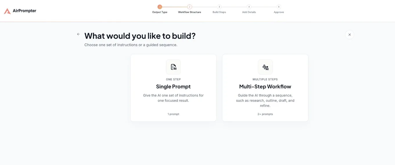 AirPrompter chooser offering Single Prompt and Multi-Step Workflow